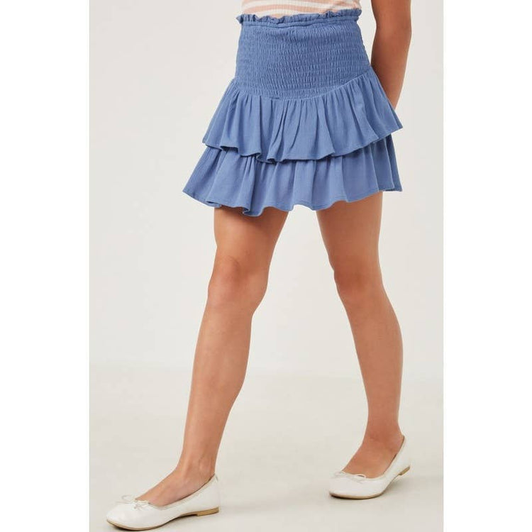 Paperdoll - Girls Smocked Ruffle Tiered Mini Skirt: Denim / L