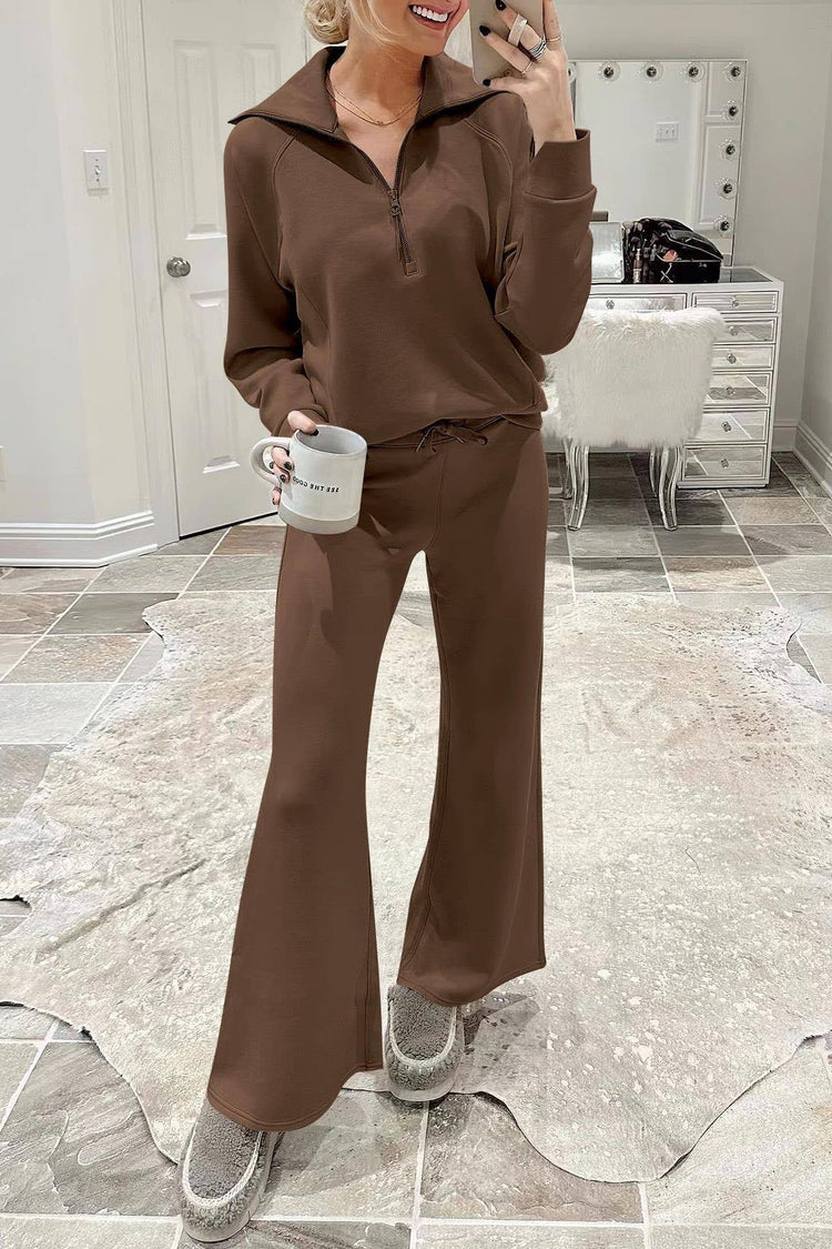 Rosa Clothing - Plain half zip drama collar sweatshirt wide leg pant set: Khaki / L