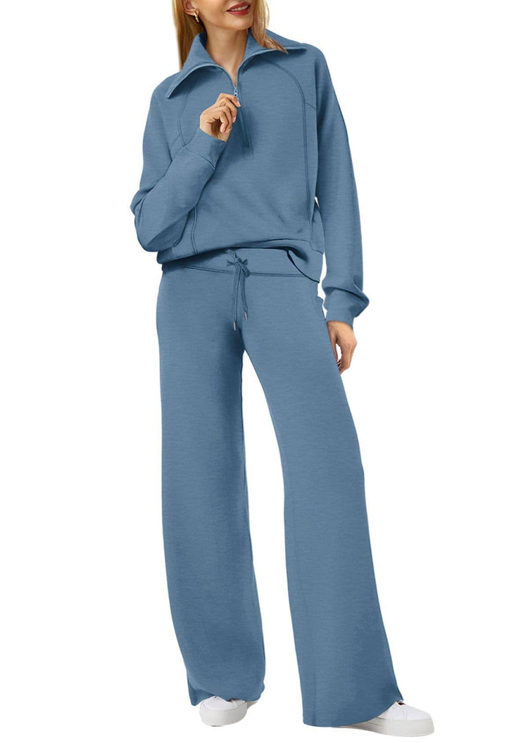 Rosa Clothing - Plain half zip drama collar sweatshirt wide leg pant set: Khaki / XL