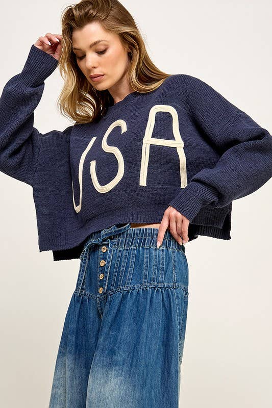 Miss Love - USA CROPPED PULLOVER LETTER SWEATER: Navy / L