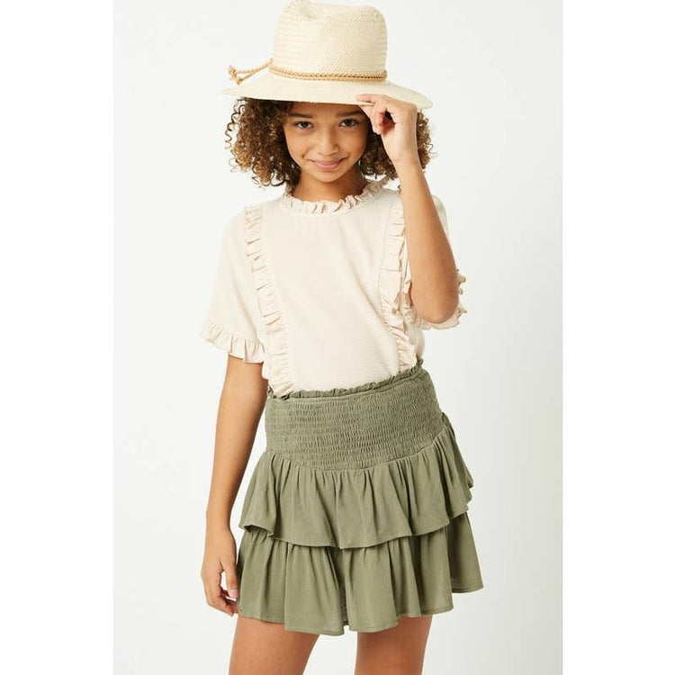 Paperdoll - Girls Smocked Ruffle Tiered Mini Skirt: Denim / L
