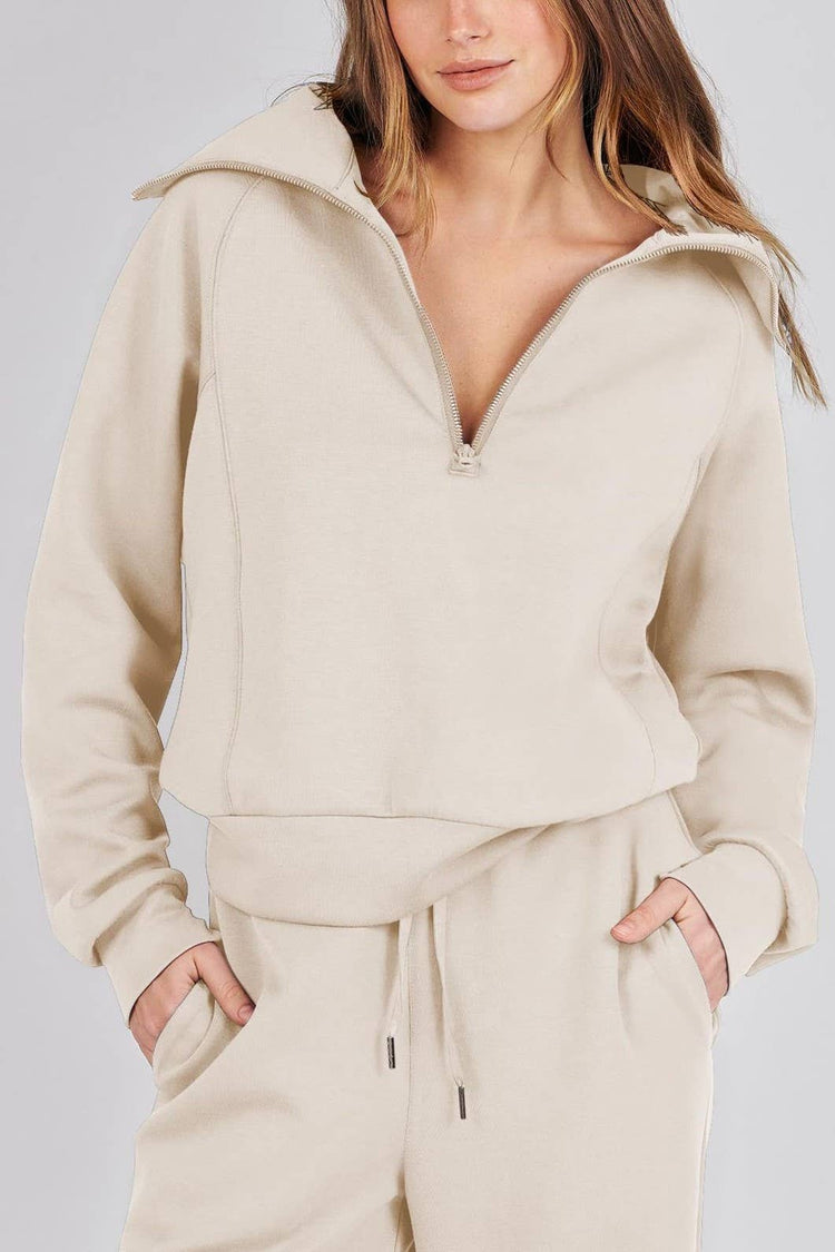 Rosa Clothing - Plain half zip drama collar sweatshirt wide leg pant set: Khaki / XL