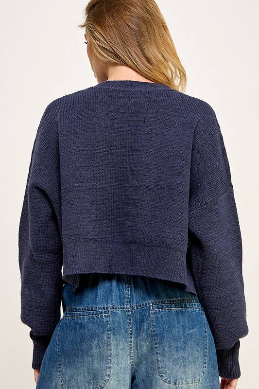 Miss Love - USA CROPPED PULLOVER LETTER SWEATER: Navy / L