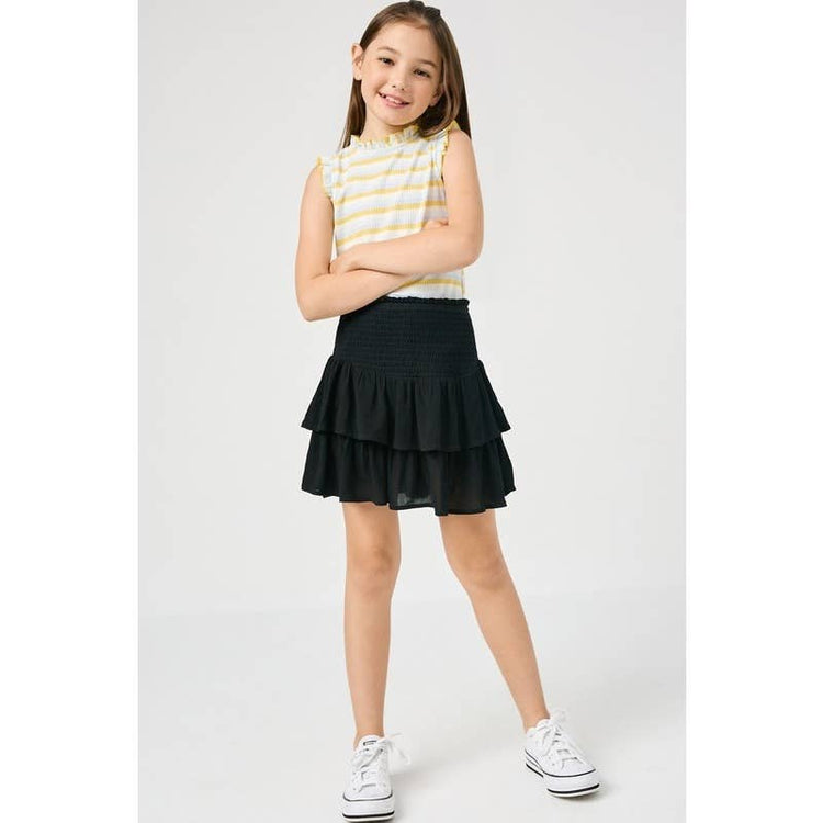 Paperdoll - Girls Smocked Ruffle Tiered Mini Skirt: Denim / L