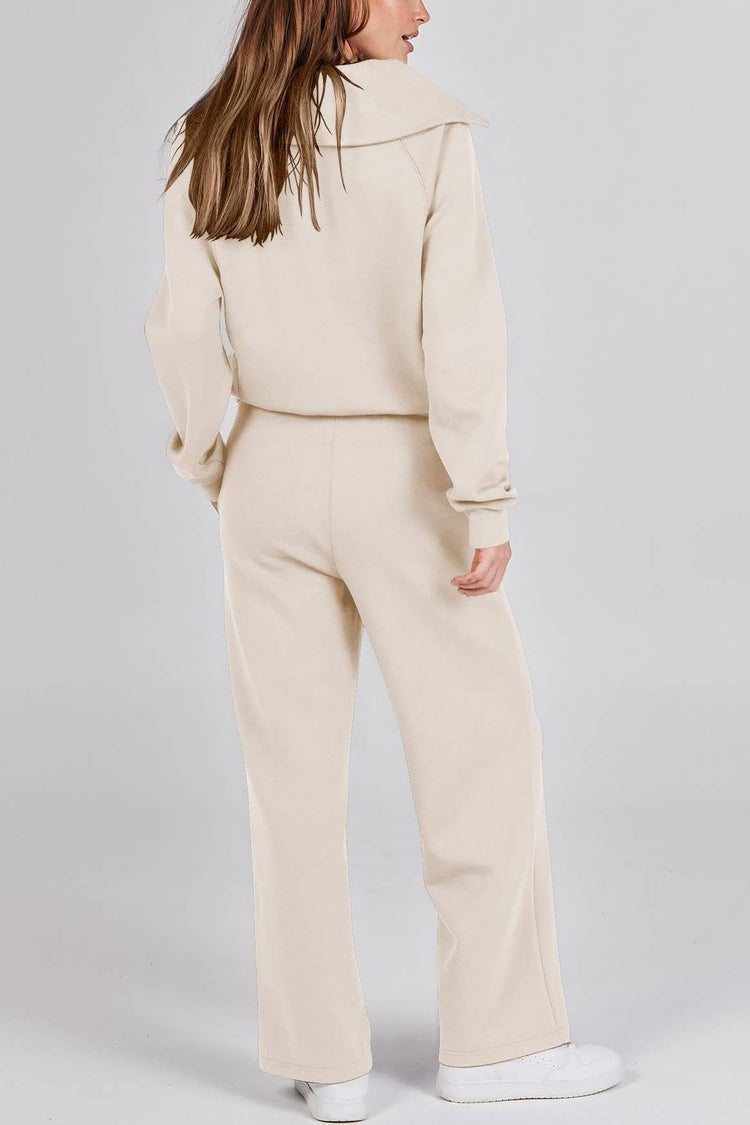 Rosa Clothing - Plain half zip drama collar sweatshirt wide leg pant set: Khaki / L