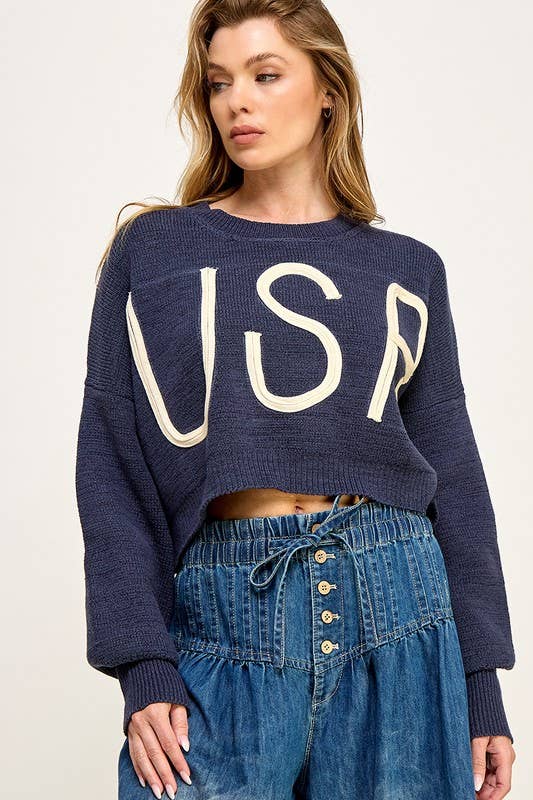Miss Love - USA CROPPED PULLOVER LETTER SWEATER: Navy / M