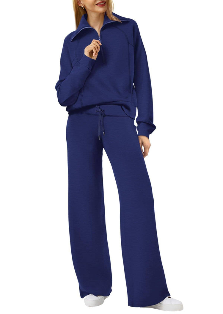 Rosa Clothing - Plain half zip drama collar sweatshirt wide leg pant set: Khaki / XL