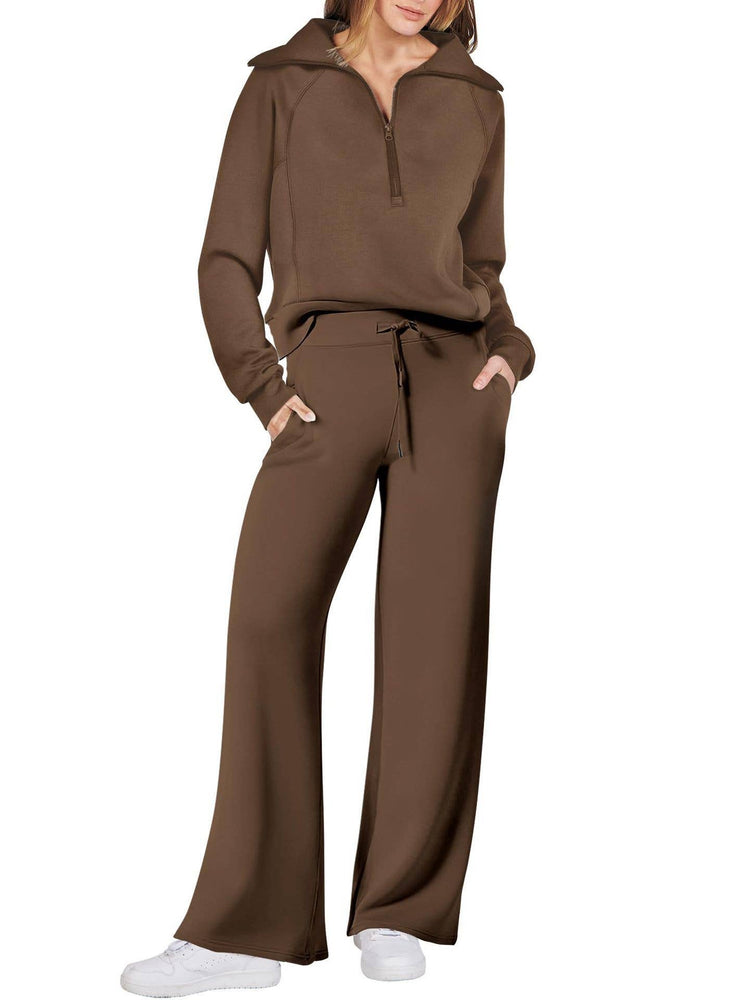 Rosa Clothing - Plain half zip drama collar sweatshirt wide leg pant set: Khaki / L