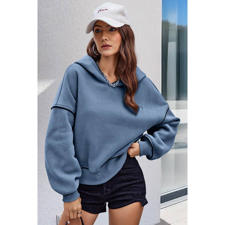 Supreme Fashion - Color Block Solid Loose Fit Drop Shoulder Hoodie: GREY BLUE / S