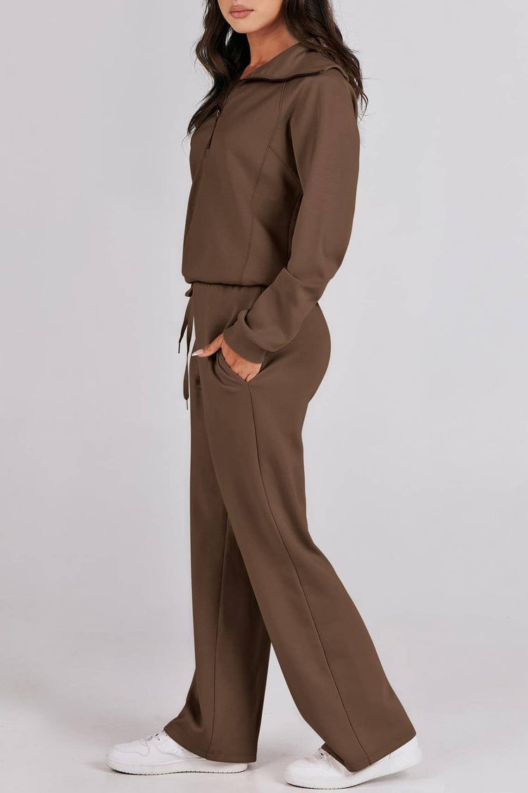 Rosa Clothing - Plain half zip drama collar sweatshirt wide leg pant set: Khaki / XL