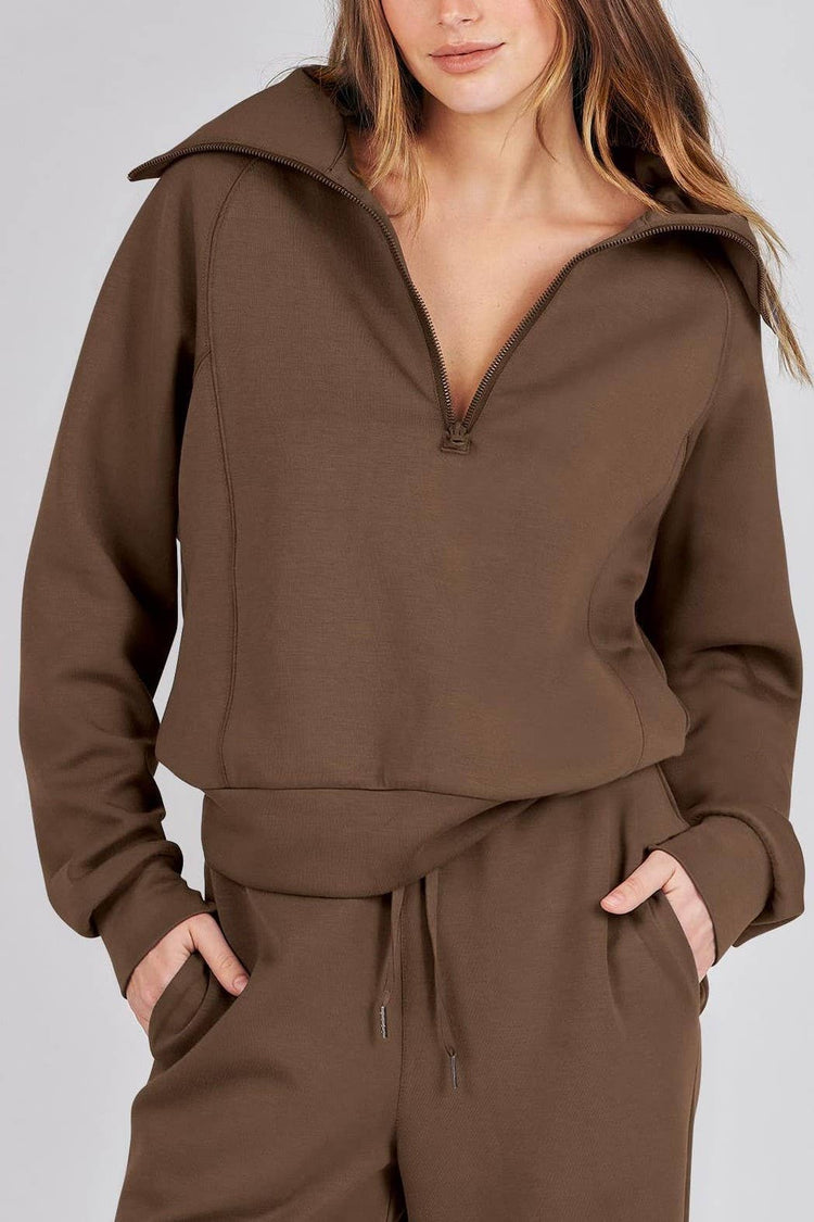 Rosa Clothing - Plain half zip drama collar sweatshirt wide leg pant set: Khaki / XL