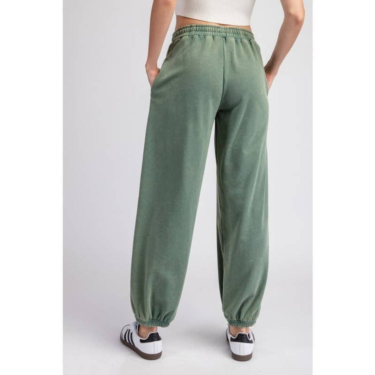 STYLE USA - MINERAL WASHED STAR PATCH PANTS: SAGE / M
