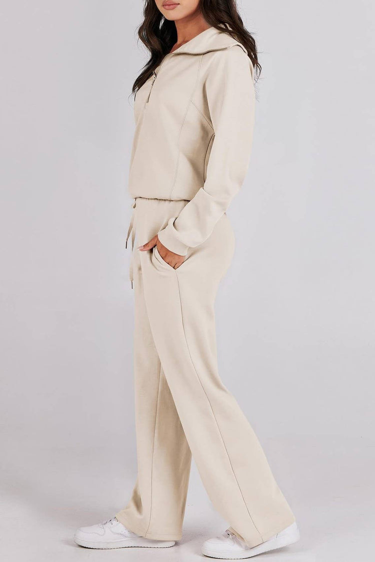 Rosa Clothing - Plain half zip drama collar sweatshirt wide leg pant set: Khaki / XL
