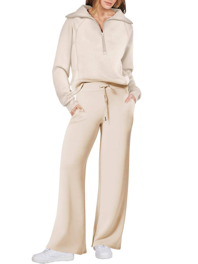 Rosa Clothing - Plain half zip drama collar sweatshirt wide leg pant set: Khaki / XL