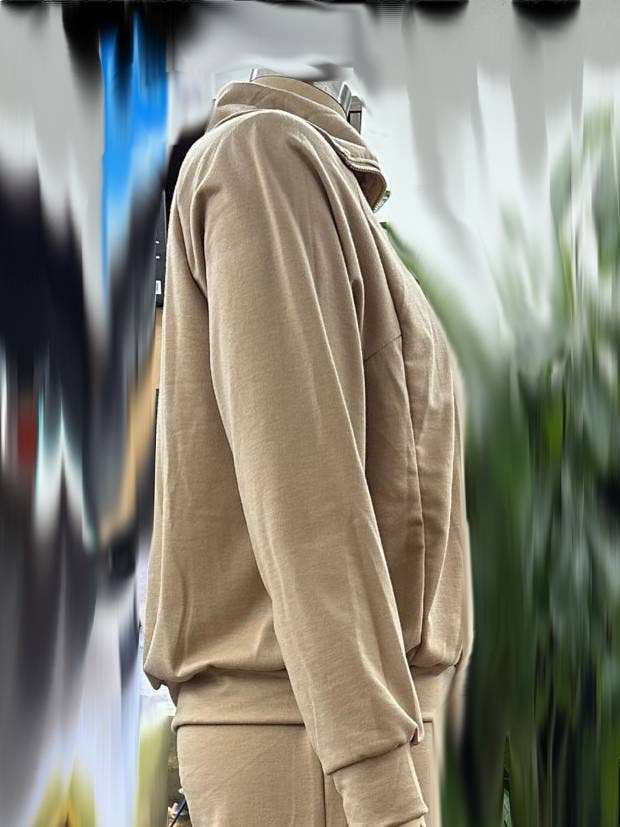 Rosa Clothing - Plain half zip drama collar sweatshirt wide leg pant set: Khaki / XL