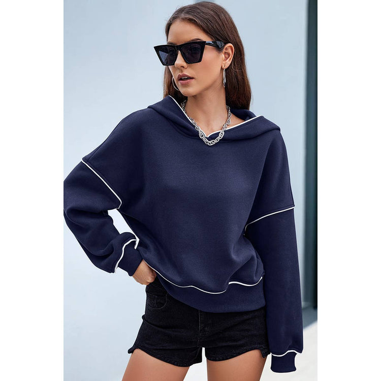 Supreme Fashion - Color Block Solid Loose Fit Drop Shoulder Hoodie: GREY BLUE / M