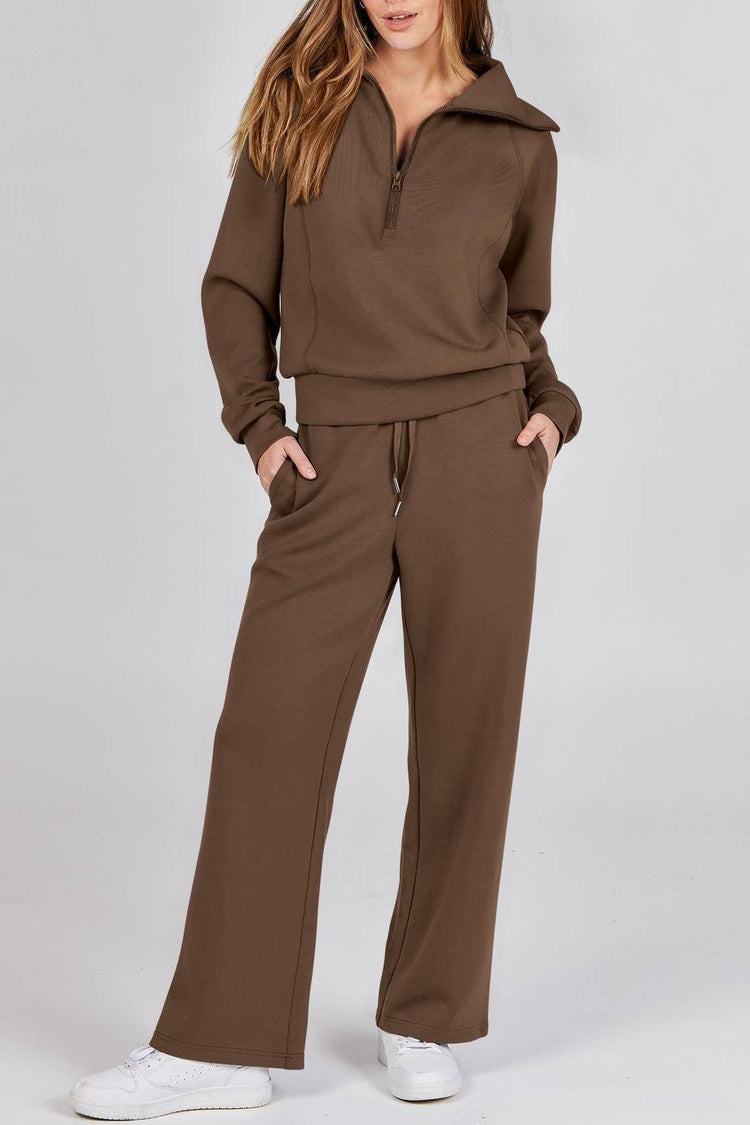 Rosa Clothing - Plain half zip drama collar sweatshirt wide leg pant set: Khaki / L