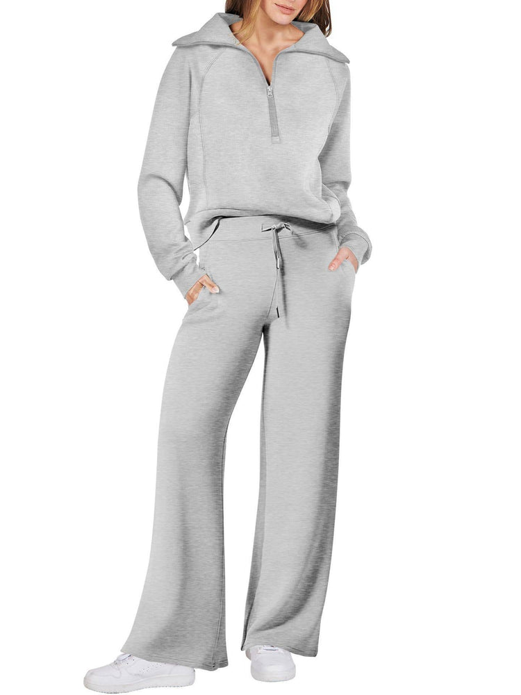 Rosa Clothing - Plain half zip drama collar sweatshirt wide leg pant set: Khaki / L