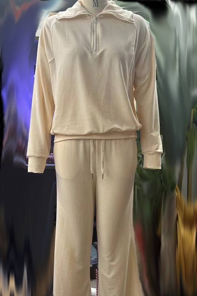 Rosa Clothing - Plain half zip drama collar sweatshirt wide leg pant set: Khaki / L