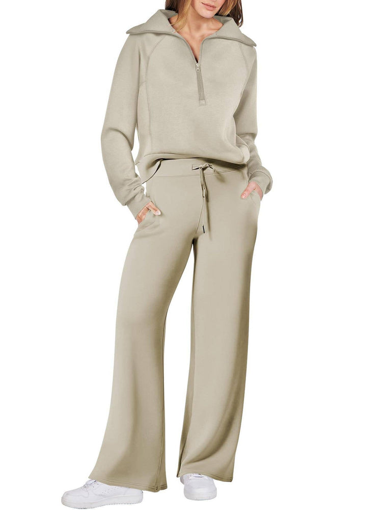 Rosa Clothing - Plain half zip drama collar sweatshirt wide leg pant set: Khaki / XL