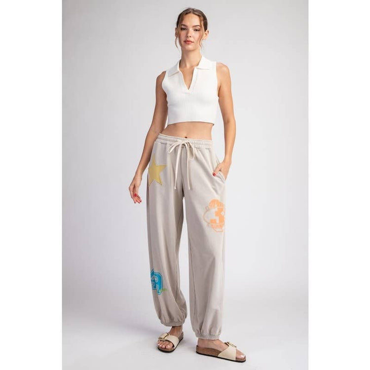 STYLE USA - MINERAL WASHED STAR PATCH PANTS: SAGE / L