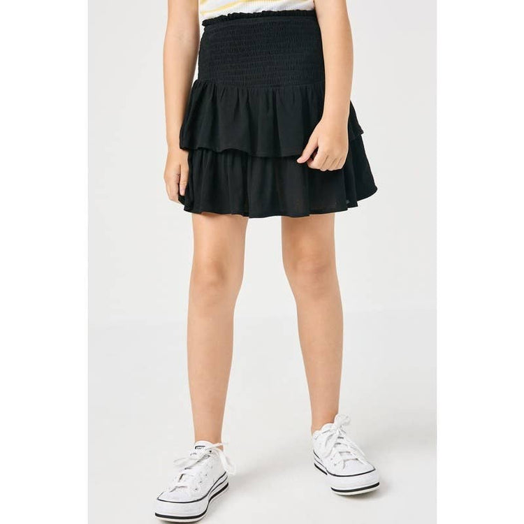 Paperdoll - Girls Smocked Ruffle Tiered Mini Skirt: Denim / L