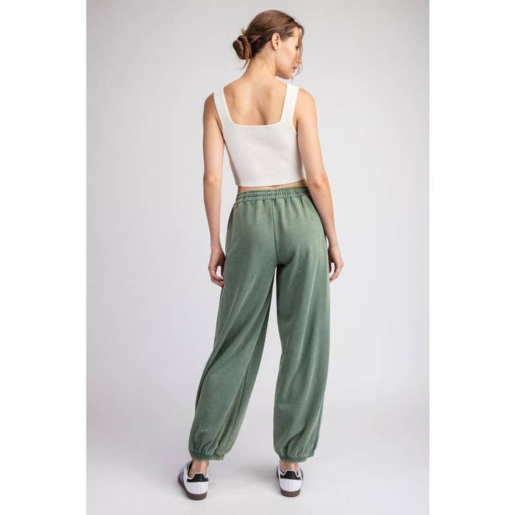 STYLE USA - MINERAL WASHED STAR PATCH PANTS: SAGE / L