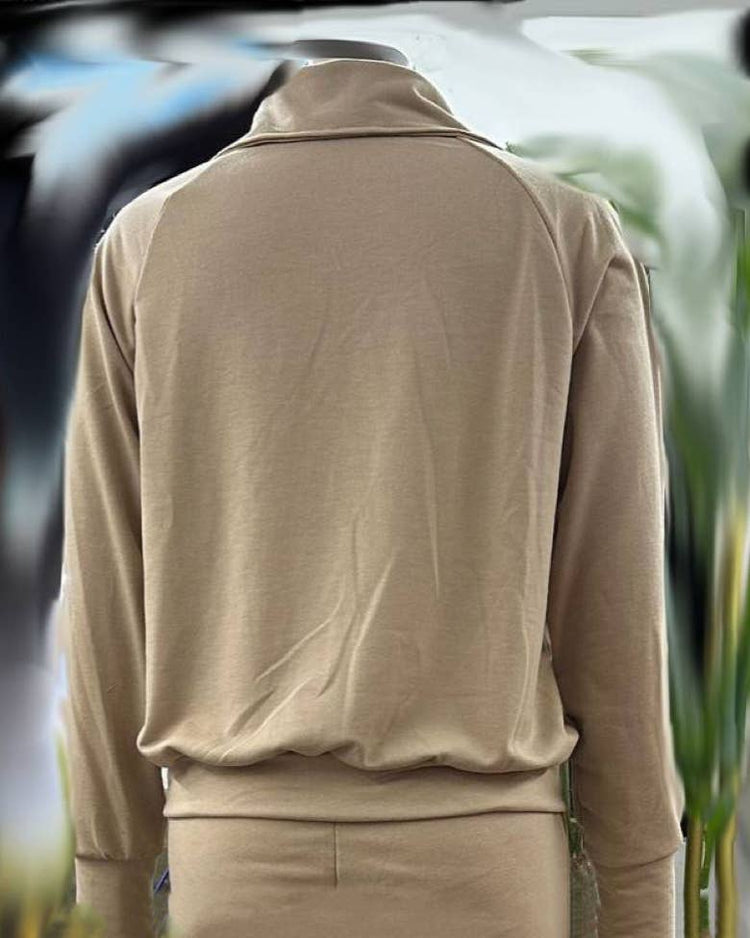Rosa Clothing - Plain half zip drama collar sweatshirt wide leg pant set: Khaki / XL