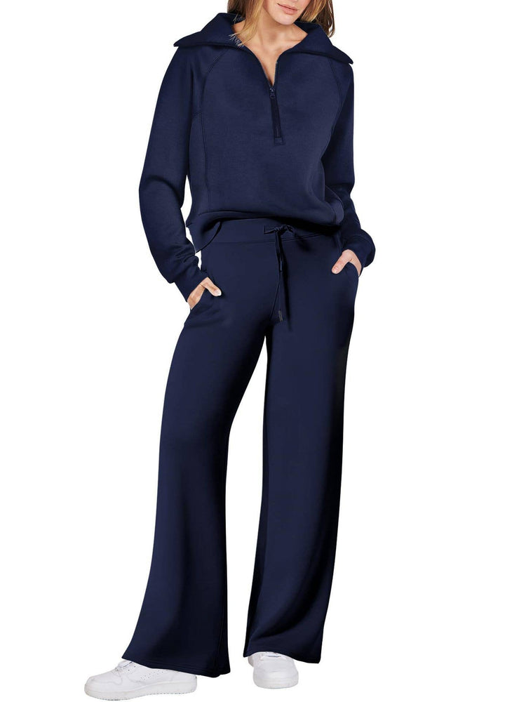 Rosa Clothing - Plain half zip drama collar sweatshirt wide leg pant set: Khaki / XL