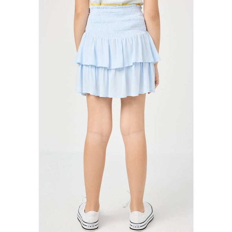 Paperdoll - Girls Smocked Ruffle Tiered Mini Skirt: Denim / L
