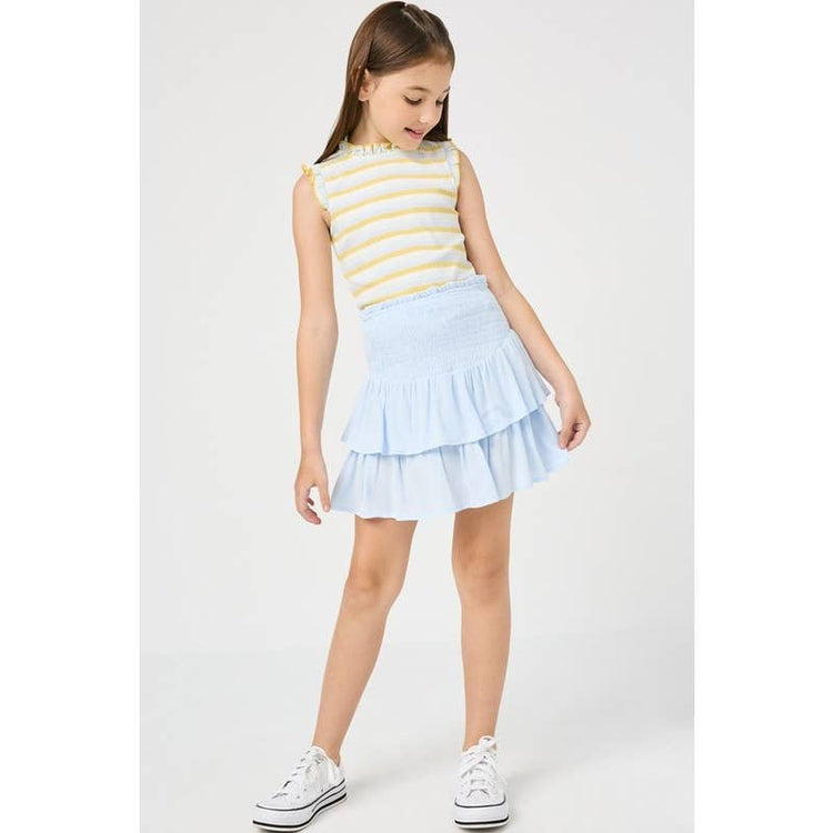 Paperdoll - Girls Smocked Ruffle Tiered Mini Skirt: Denim / L