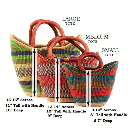 Green & Blue U-Shopper Yikene - Ghana Beach Tote Bag/Basket - Brown Handles: Medium:13"-14" x H: 9"-10"