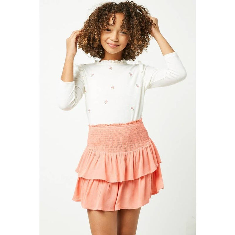 Paperdoll - Girls Smocked Ruffle Tiered Mini Skirt: Denim / L