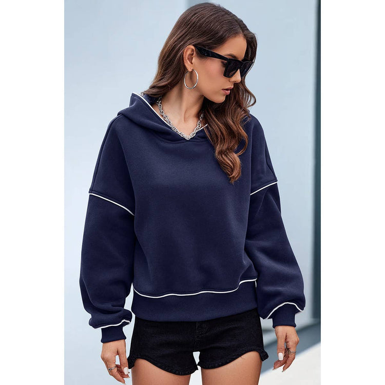 Supreme Fashion - Color Block Solid Loose Fit Drop Shoulder Hoodie: GREY BLUE / M