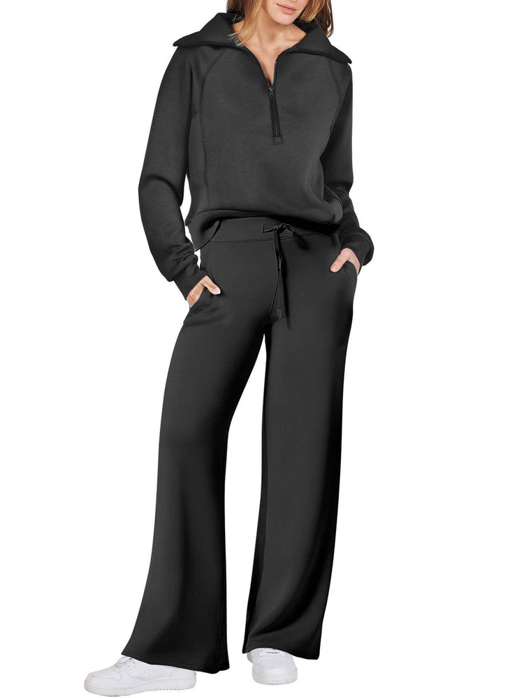 Rosa Clothing - Plain half zip drama collar sweatshirt wide leg pant set: Khaki / XL