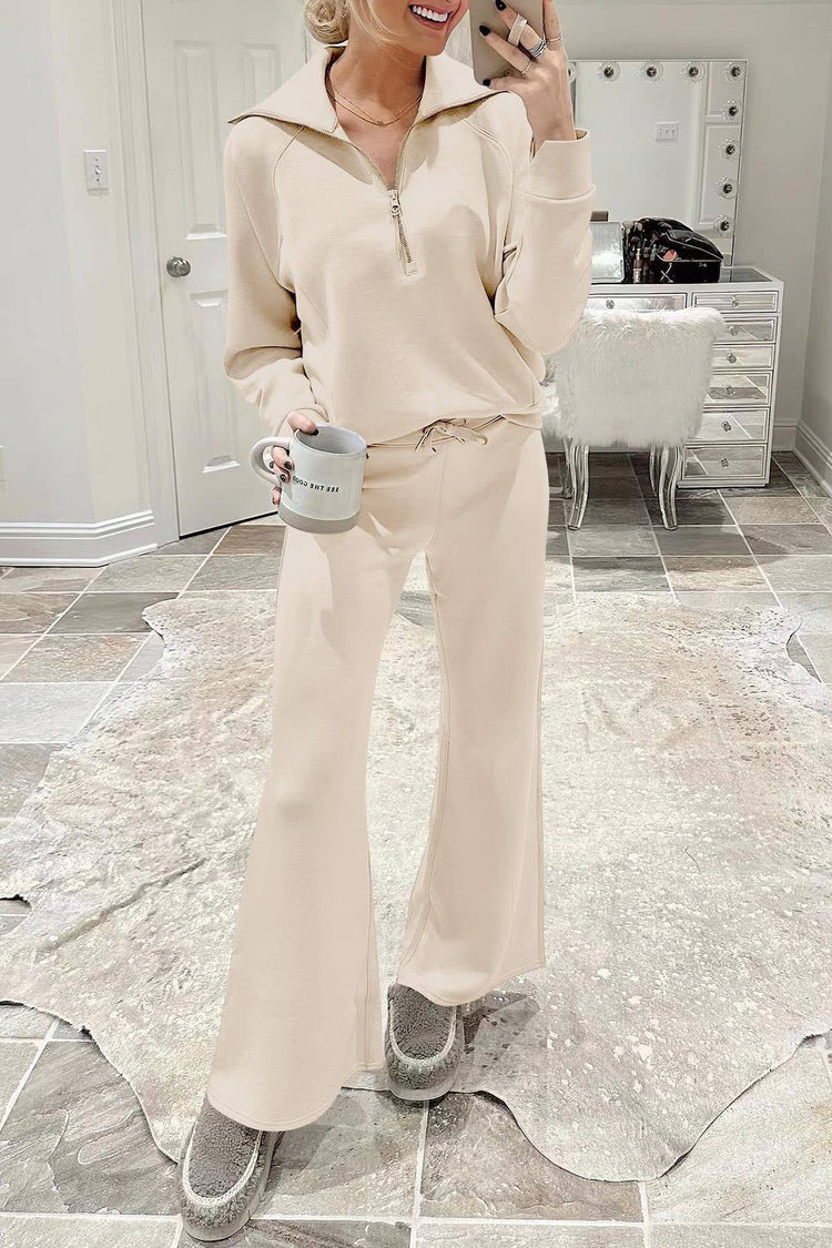 Rosa Clothing - Plain half zip drama collar sweatshirt wide leg pant set: Khaki / XL