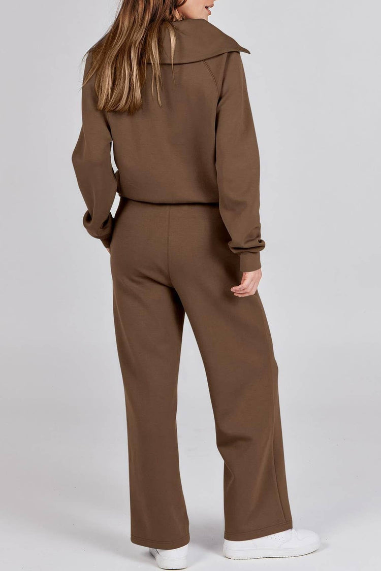 Rosa Clothing - Plain half zip drama collar sweatshirt wide leg pant set: Khaki / L