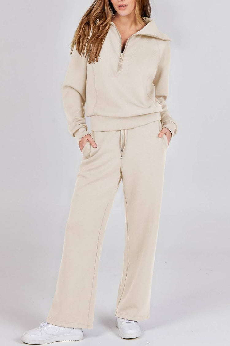 Rosa Clothing - Plain half zip drama collar sweatshirt wide leg pant set: Khaki / L