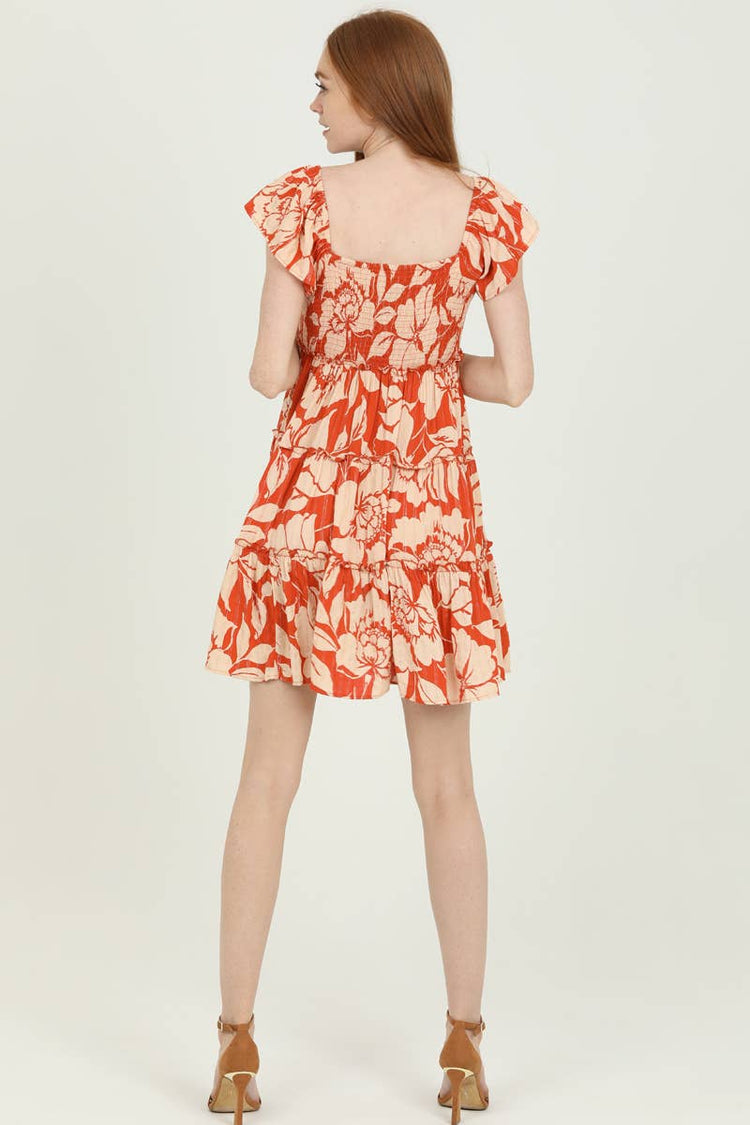 ANGIE - C4A20-FQ79 V NECK CINCH BUST TIERED SKIRT SHORT SLEEVE DRESS: L