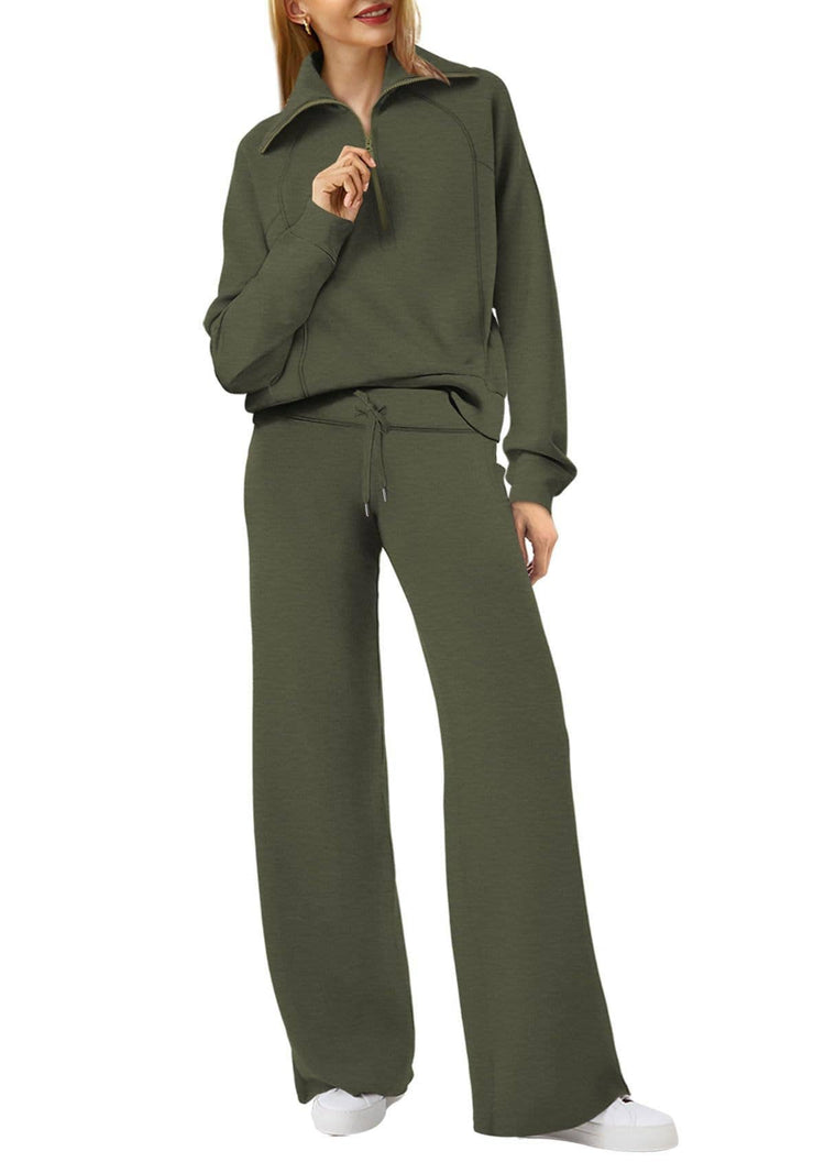 Rosa Clothing - Plain half zip drama collar sweatshirt wide leg pant set: Khaki / L