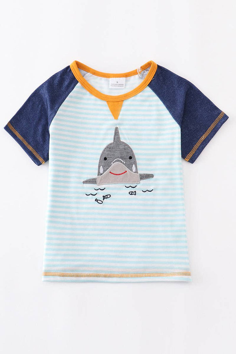 Blue stripe shark applique boy shirt