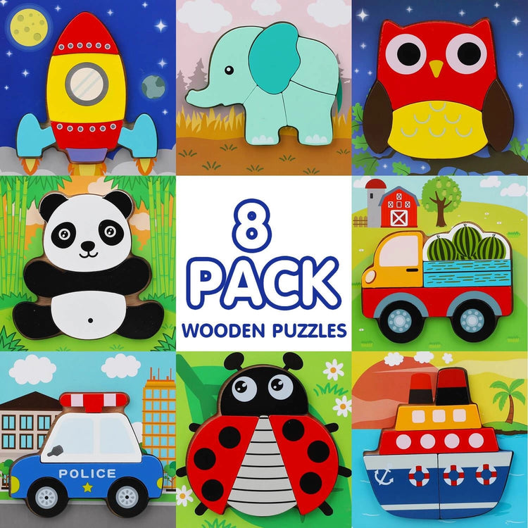 8 Pack Wooden Puzzles for Toddlers (Animals)