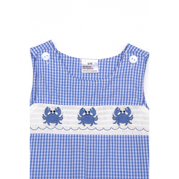 Blue plaid crad smocked boy romper