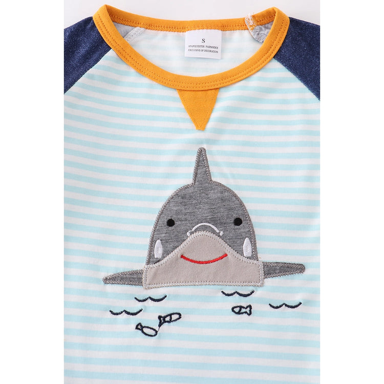 Blue stripe shark applique boy shirt