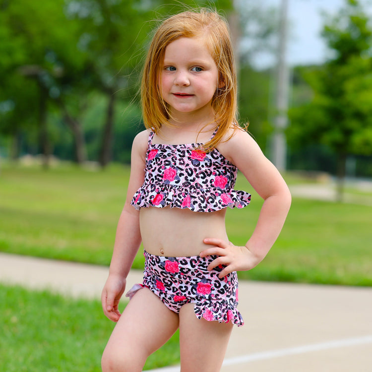 Girls 2 piece Leopard Rose Tankini Swimsuit Bathing Suit