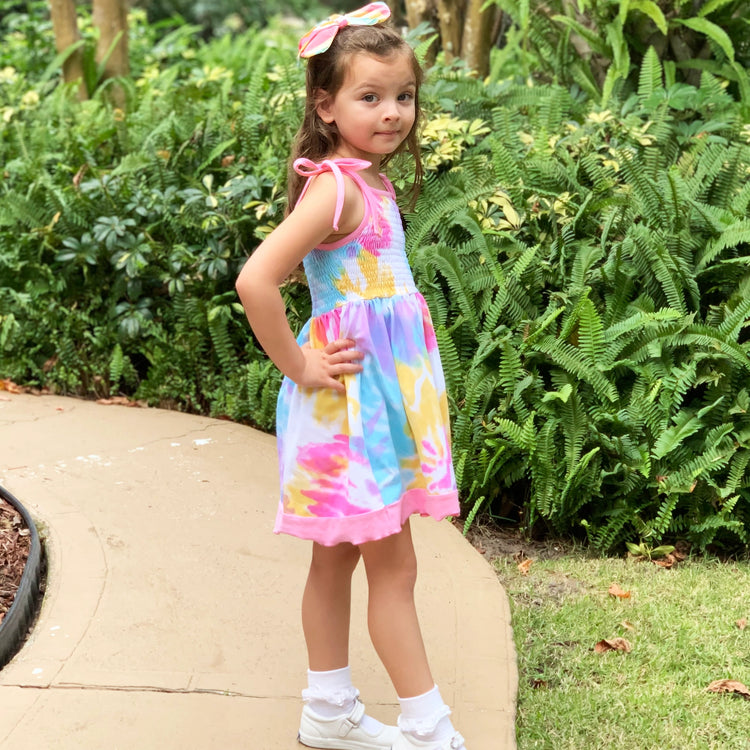 Girls Pastel Tie Dye Smocked Swing Dress