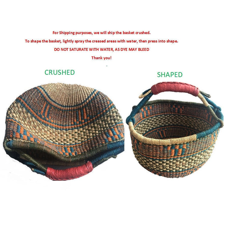 Medium Bolga Market Basket w/ Leather Wrapped Handle (Colors Vary) W: 11" - 13" H: 8"-10", 1 EA