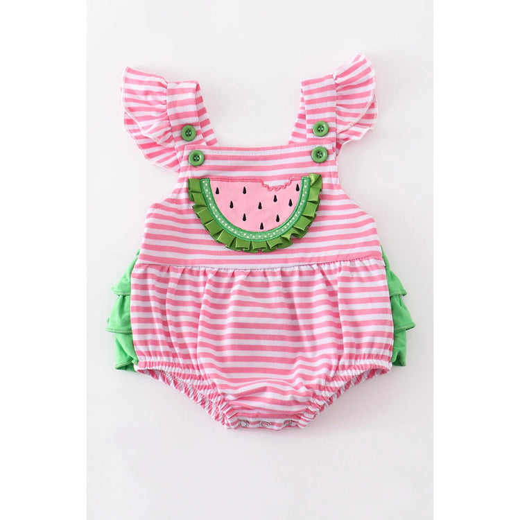 Pink Stripe watermelon ruffle baby romper 12M