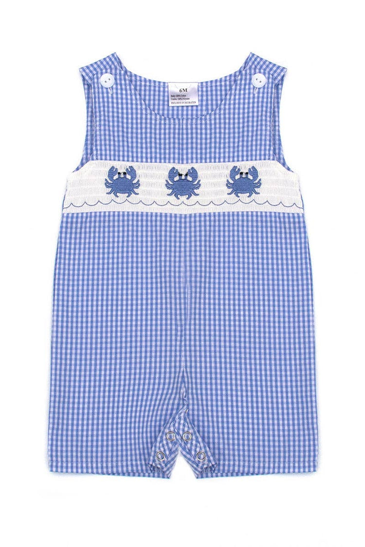 Blue plaid crad smocked boy romper