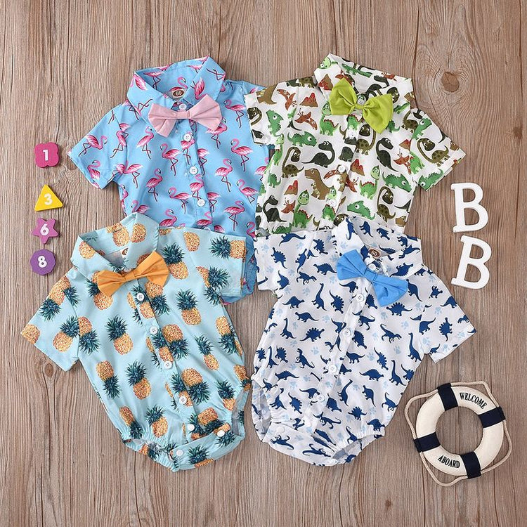 Dinosaur Printed Bodysuit with Bowtie - Summer Boys Clothing